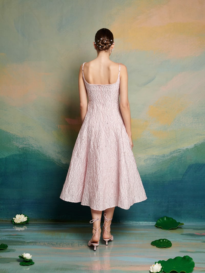 Pink Jacquard Embellished Fit and Flare Midi Dress