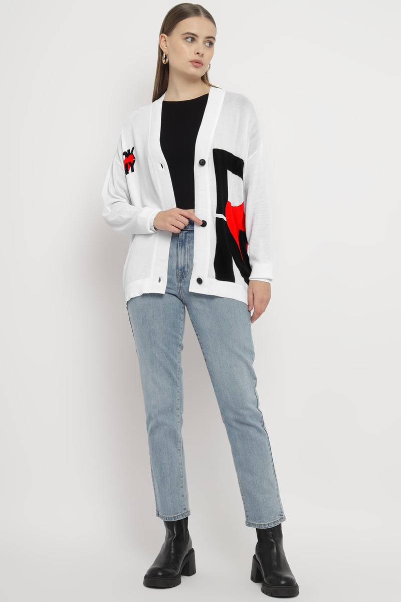 White Colorblock Graphic Button-Up Longline Cardigan