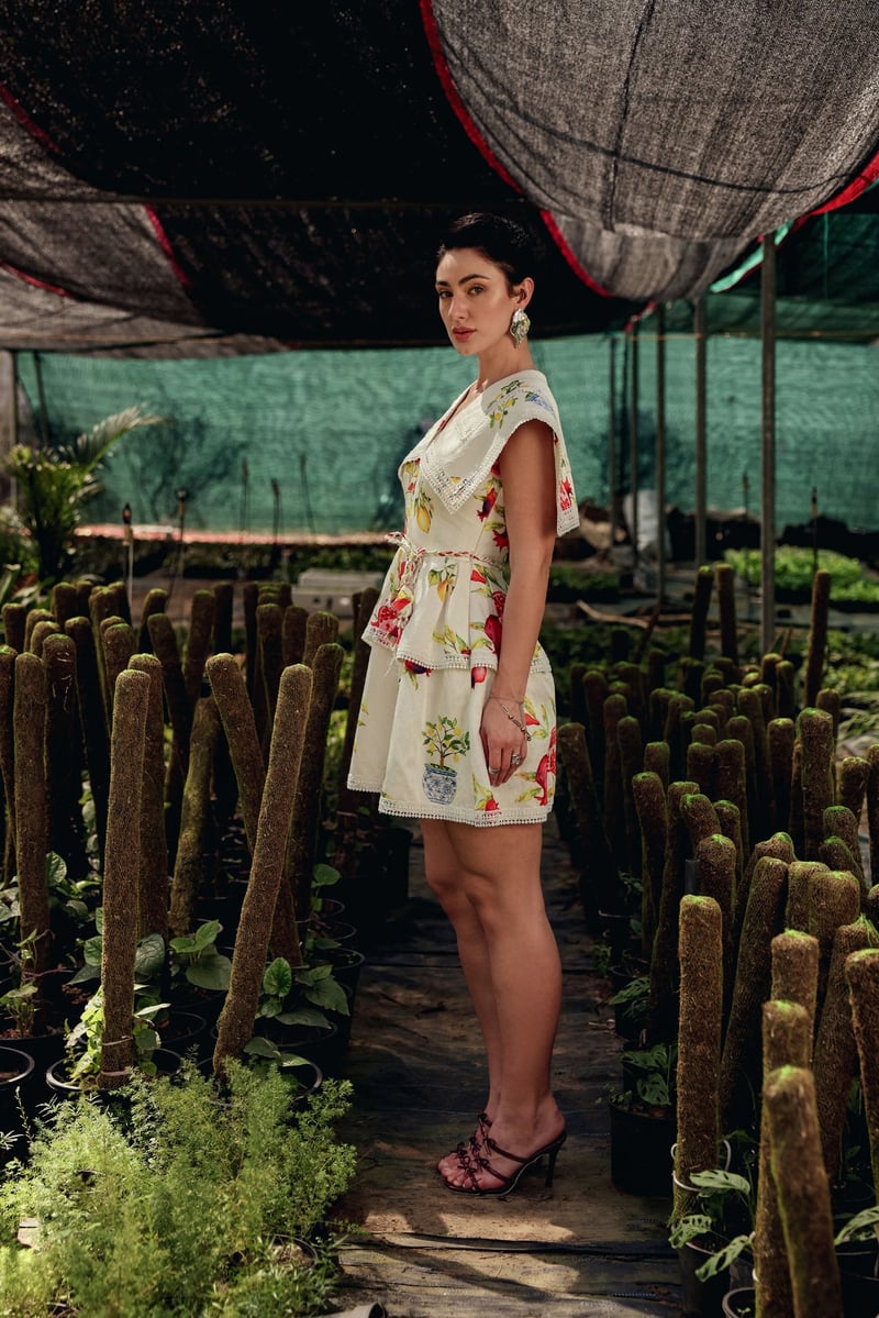 Off-White Fruit Print Tiered Mini Dress with Lace Collar