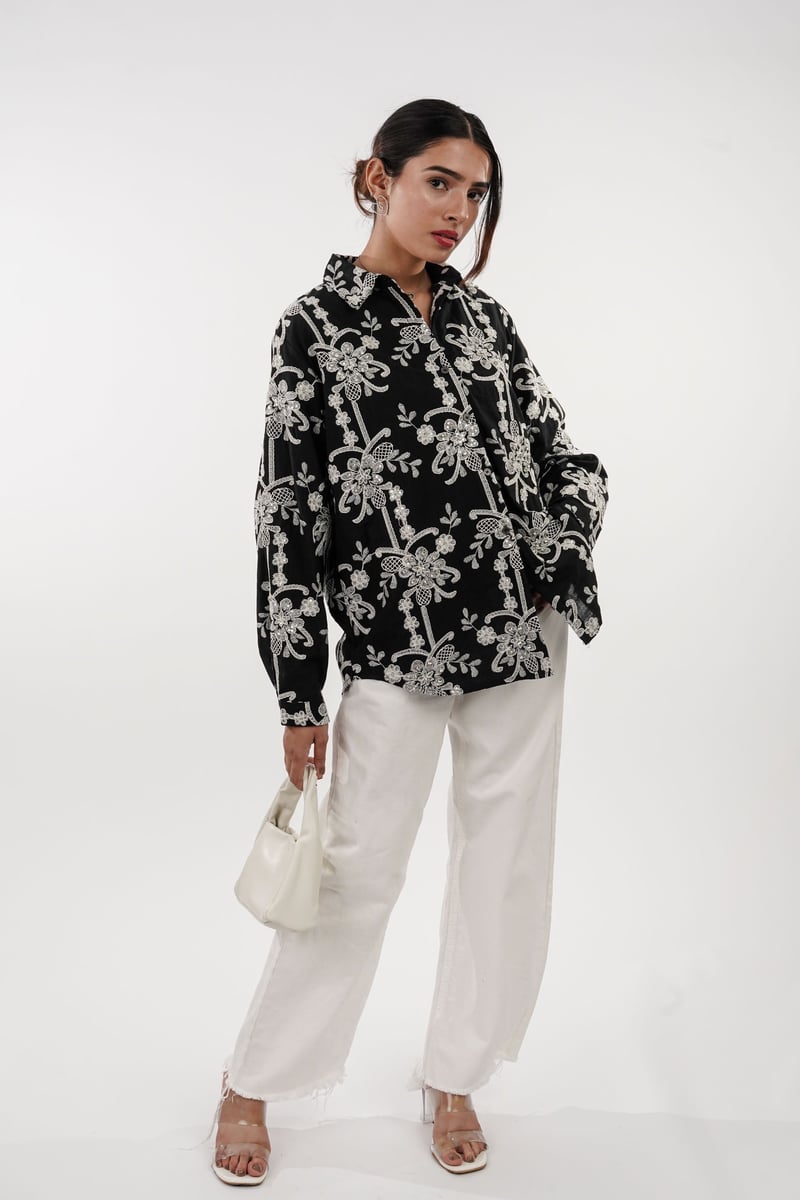 Black Embroidered and Embellished Button-Down Shirt