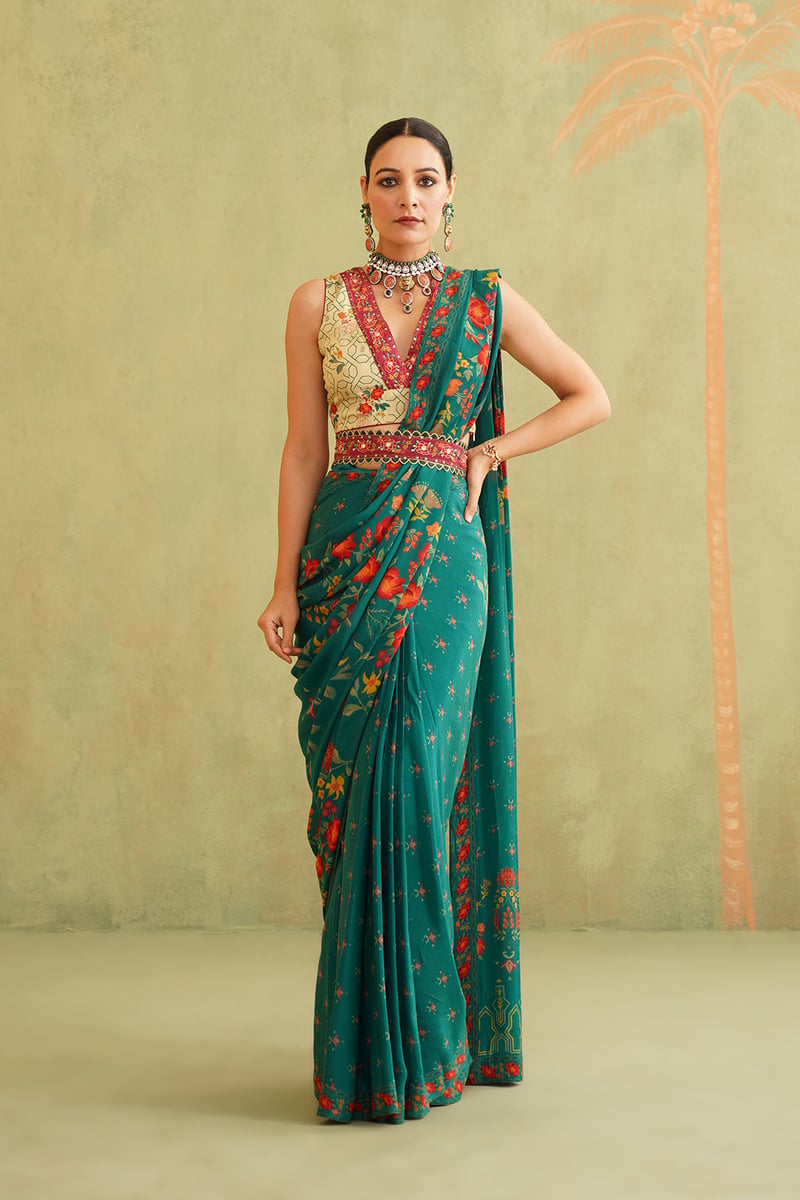 Green and Cream Pre-Draped Bemberg Crepe Saree Set