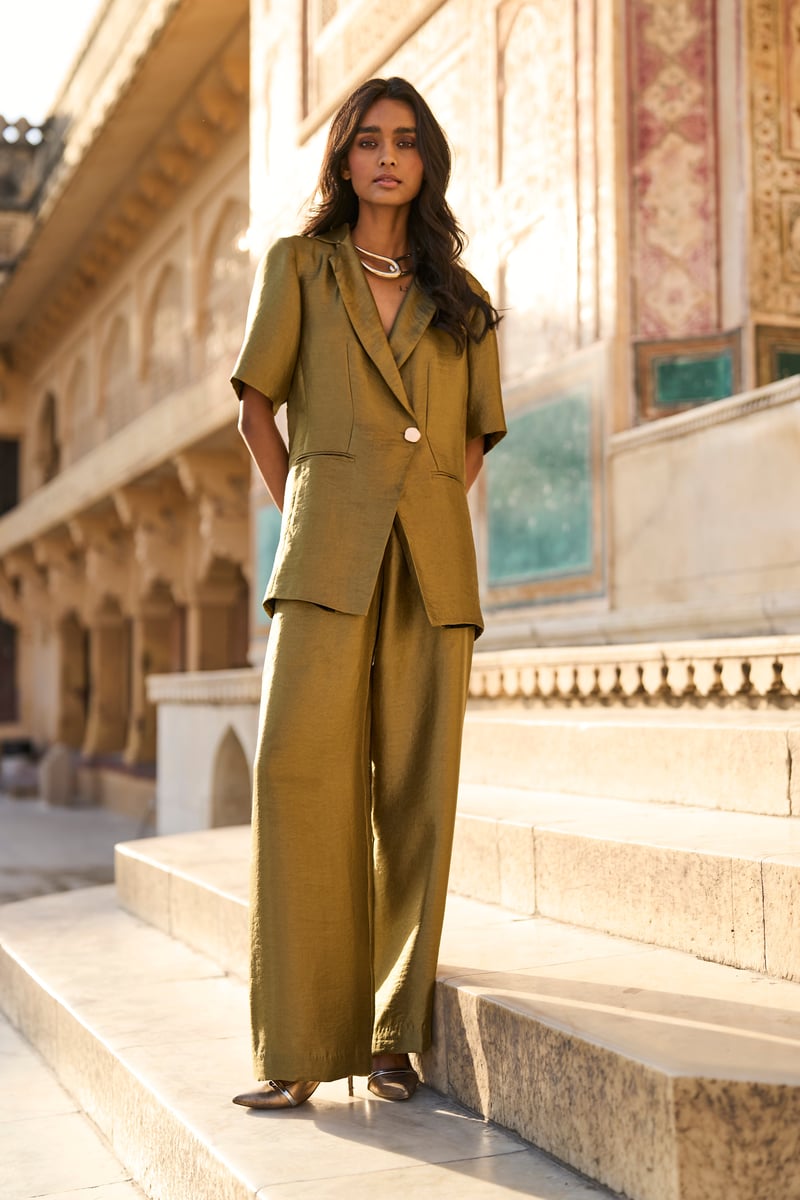Green Metallic Lamé Tailored Half Sleeve Blazer