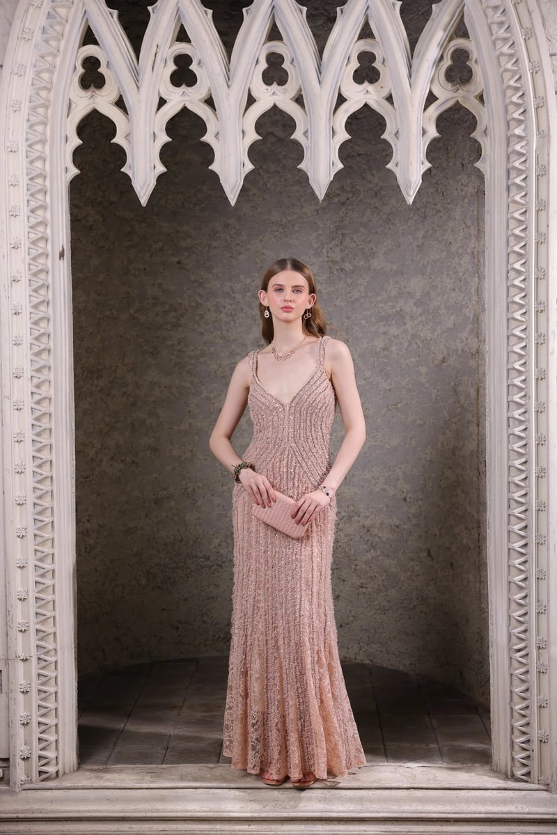 Peach Hand-Beaded Lace Maxi Gown