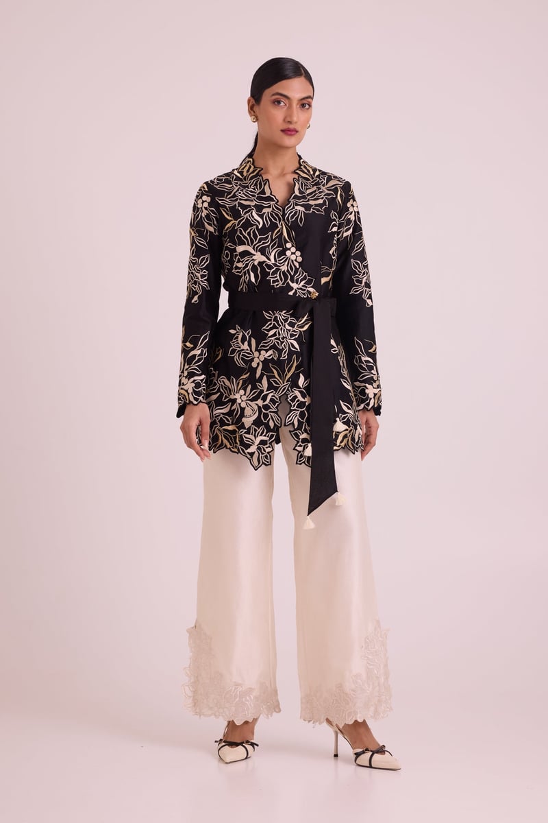 Black Wrap Blazer and Ivory Wide-Leg Pants Co-ord Set