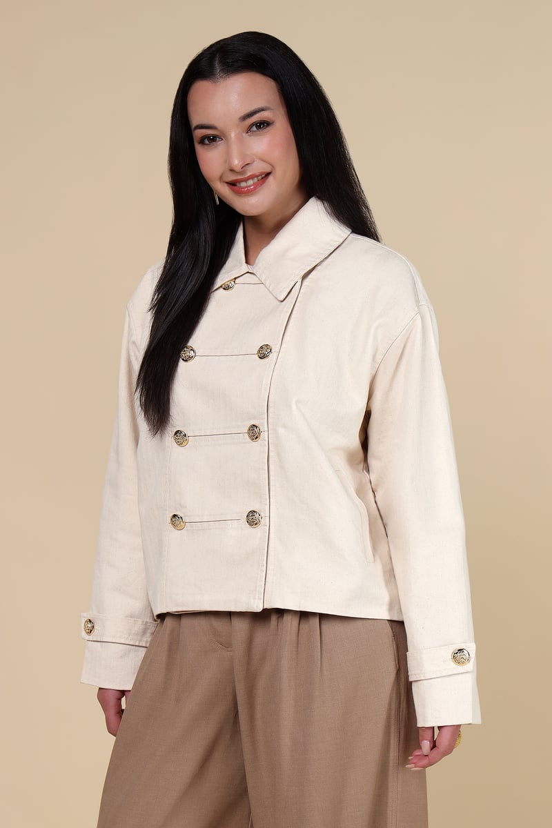 Beige Tailored Double-Breasted Style Button Jacket — ASPRIN FASHION