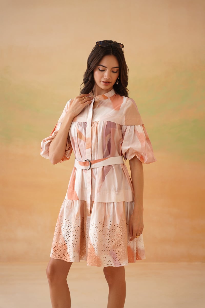 Peach Pastel Printed Tiered Mini Shirt Dress with Belt