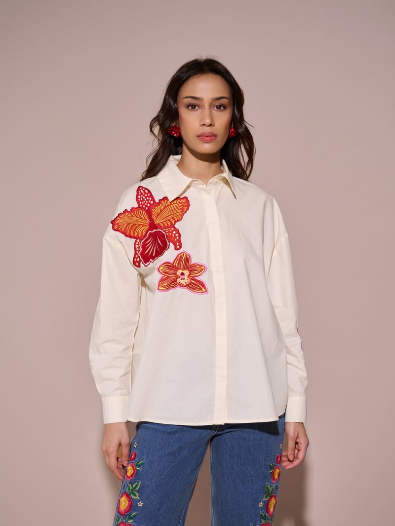 Off-White Floral Applique Button-Down Shirt