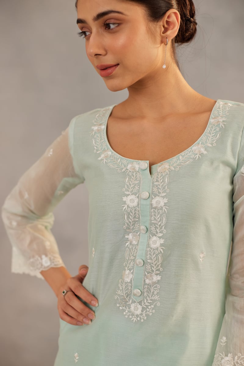 Mint Green Embroidered Straight Kurta Suit Set
