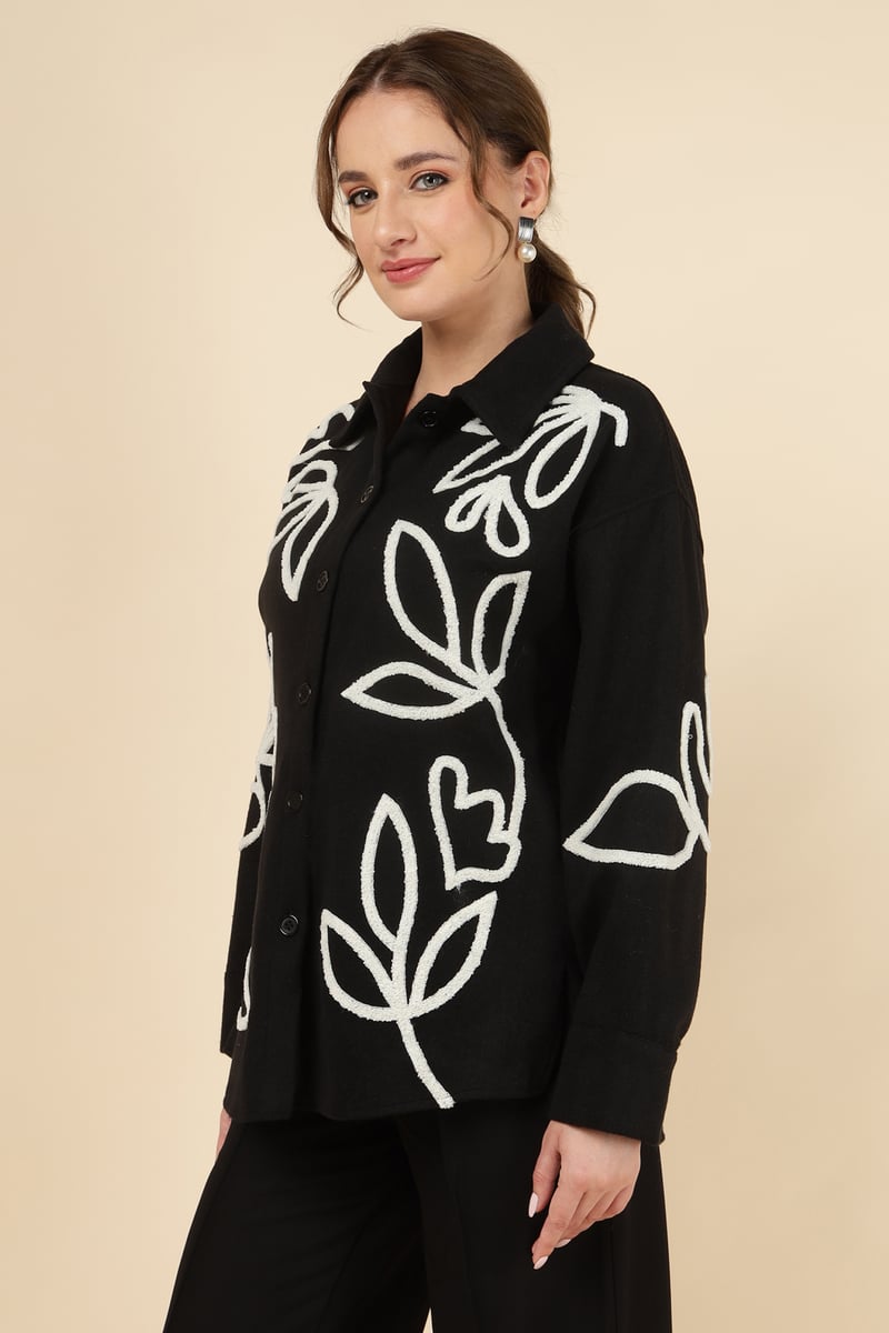 Black Floral Applique Overshirt Shirt