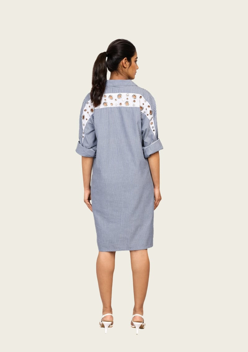 Blue and White Stripe One Piece Cotton Dress with Eyelets and Snap Buttons