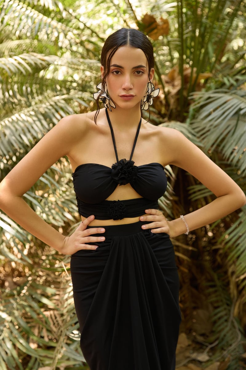 Black Halter Tie-Up Mesh Crop Top with Corsage Detail — The clothing factory