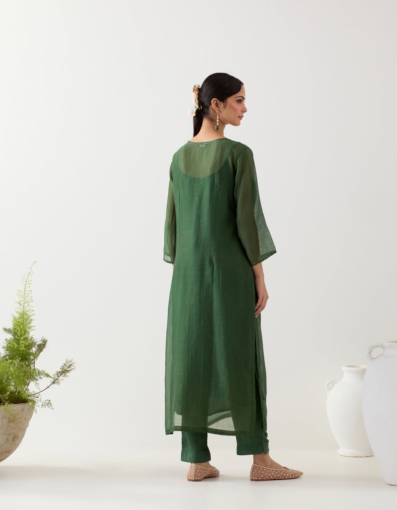 Bottle Green Embroidered Straight Kurta Set with Slip