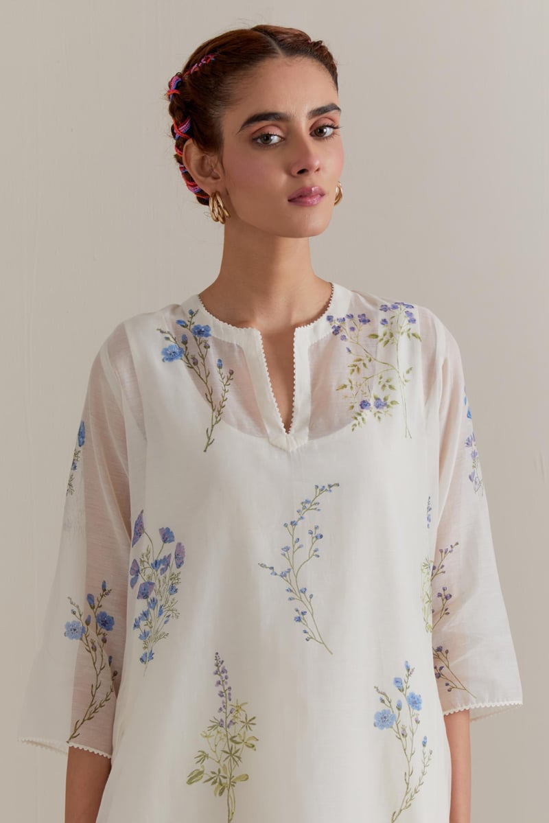 Off-White Floral Block Print Kurta Set with Dupatta