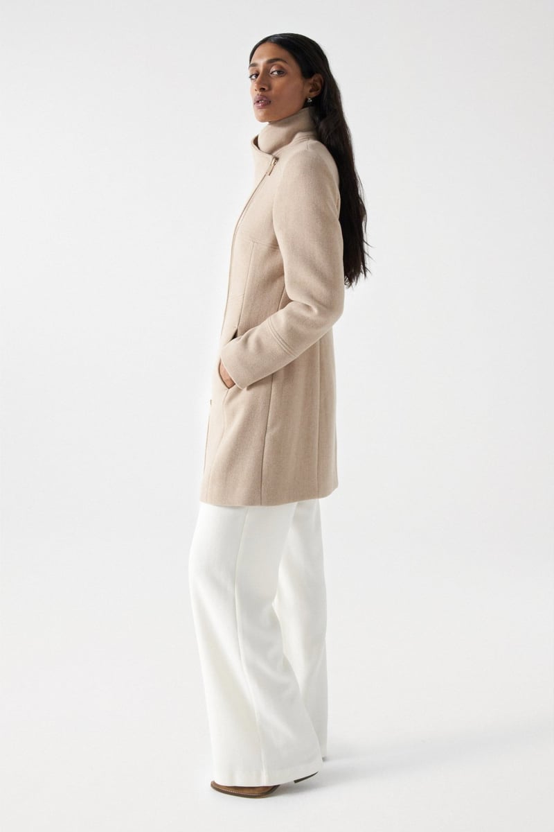 Medium Beige Longline Wool-Blend Coat with Fur Collar