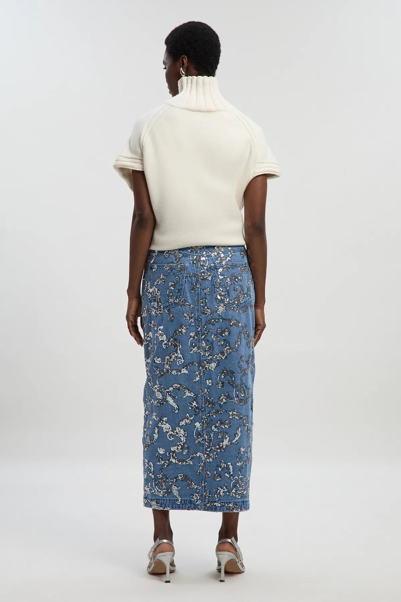 Mid Blue Sequin-Embellished Denim Midi Skirt