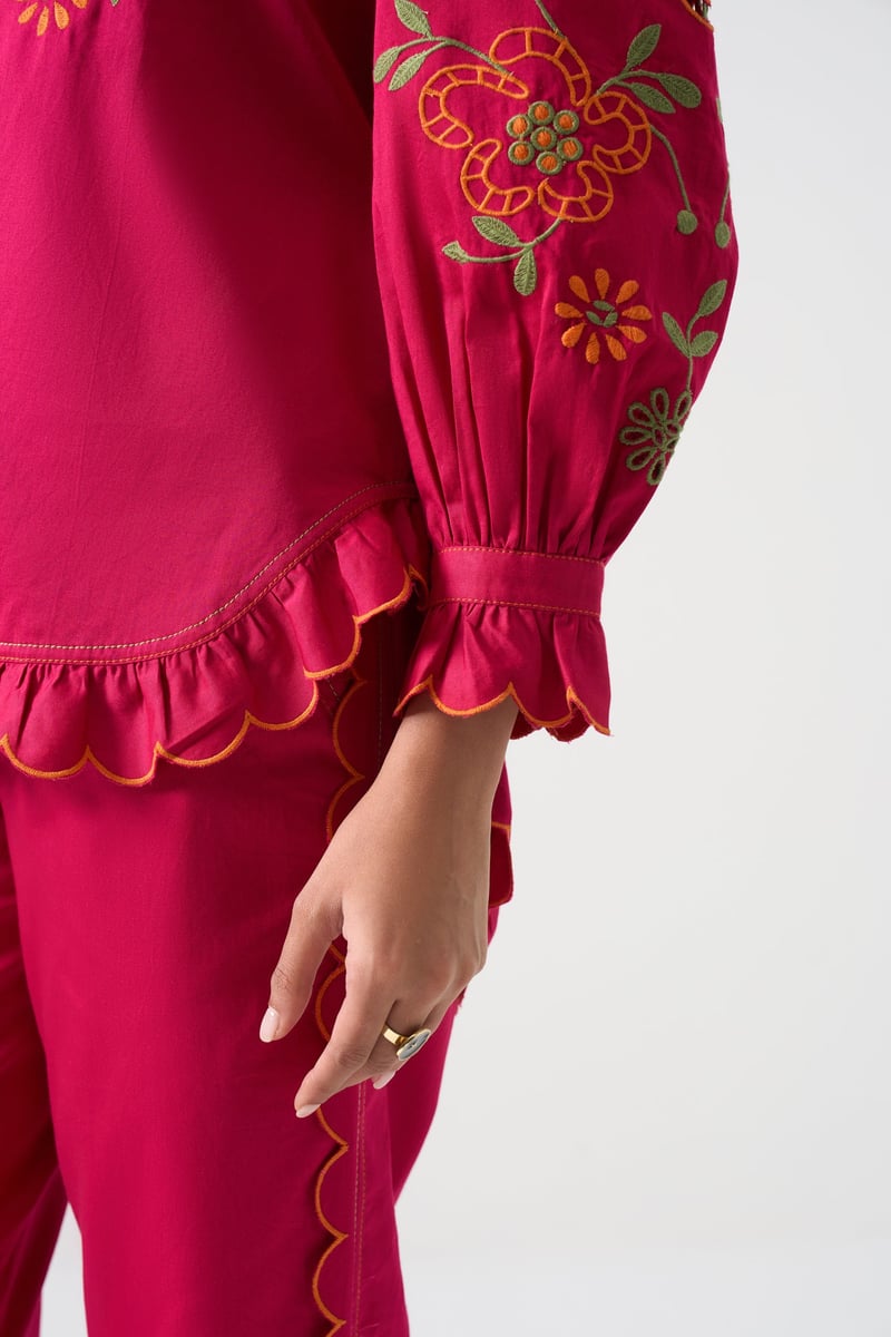 Hot Pink Embroidered Ruffle-Trim Mandarin Collar Shirt