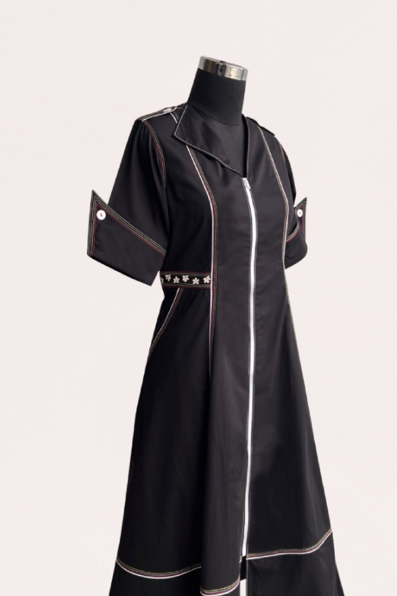 Black Zip-Front Fit and Flare Midi Dress