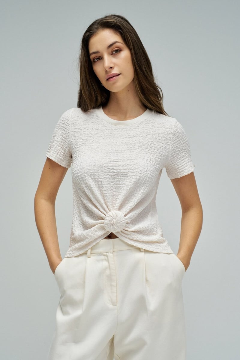 White Textured Knot-Front Round Neck T-Shirt — SALSA JEANS