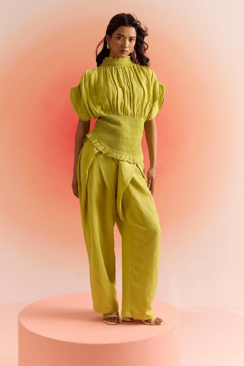 Lime Green Wrap-Front Wide-Leg Trousers
