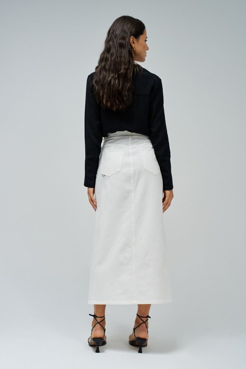 White High-Waist Denim Midi Pencil Skirt with Slit