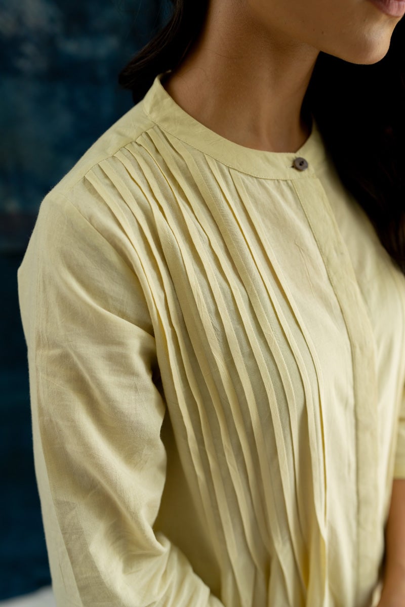 Natural White Cotton Pintuck A-Line Kurta with Pockets