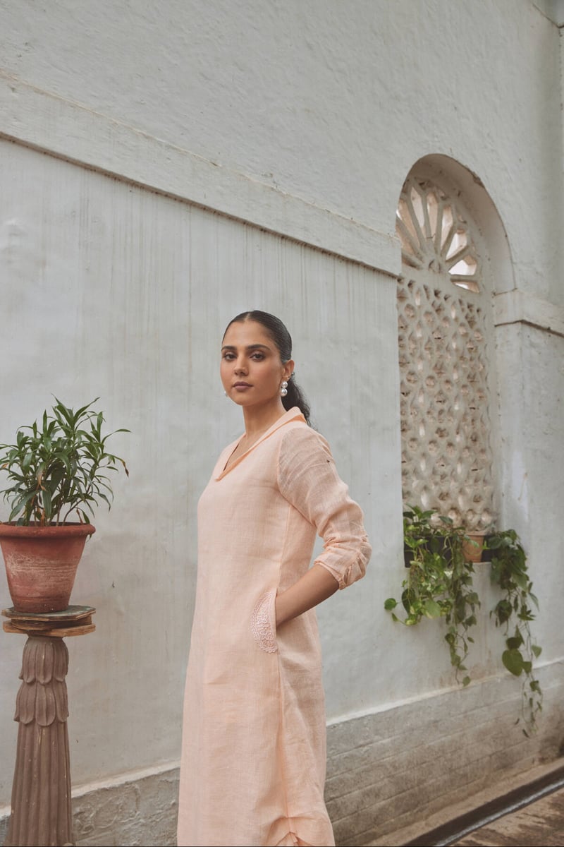 Peach Linen Straight Midi Dress with V-Neck and Pockets