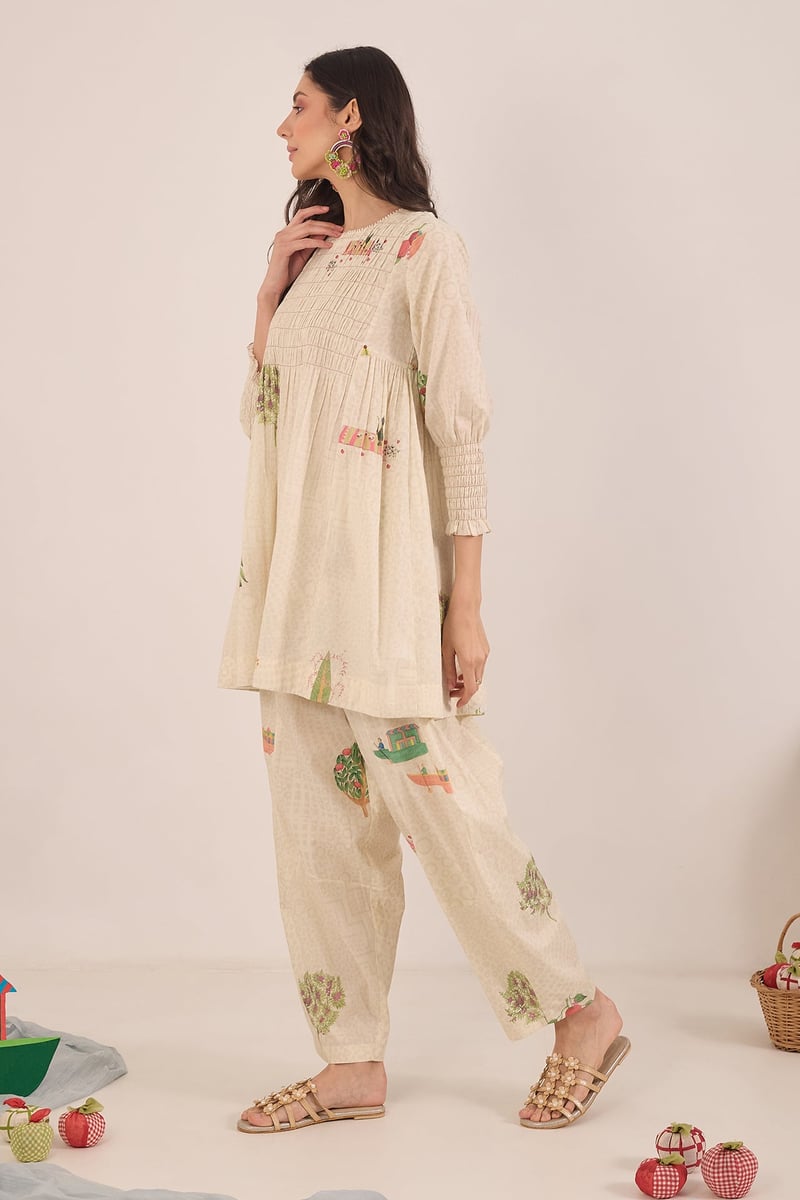 Cream Printed Cotton Tunic and Straight Pants Co-ord Set