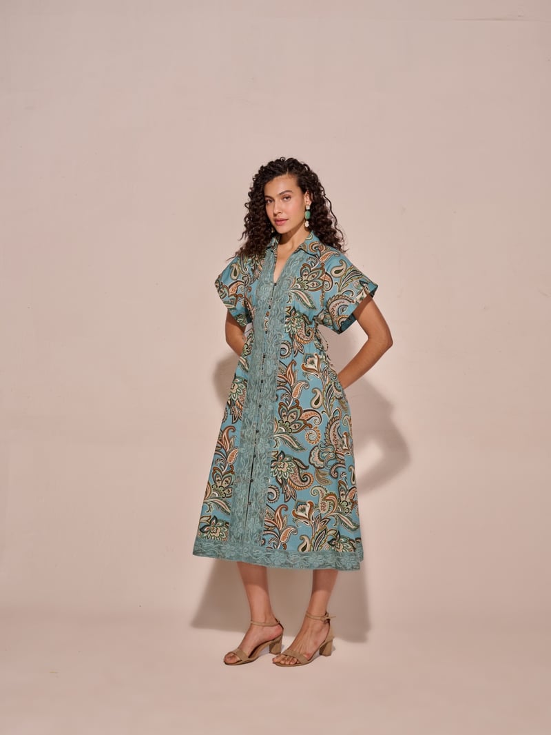 Blue Paisley Print Midi Shirt Dress with Waist Ties