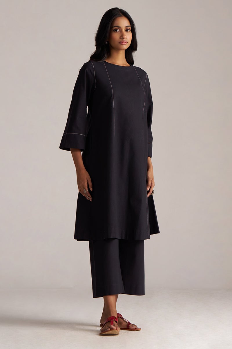 Black Cotton-Linen Kurta and Wide-Leg Pants Co-ord Set
