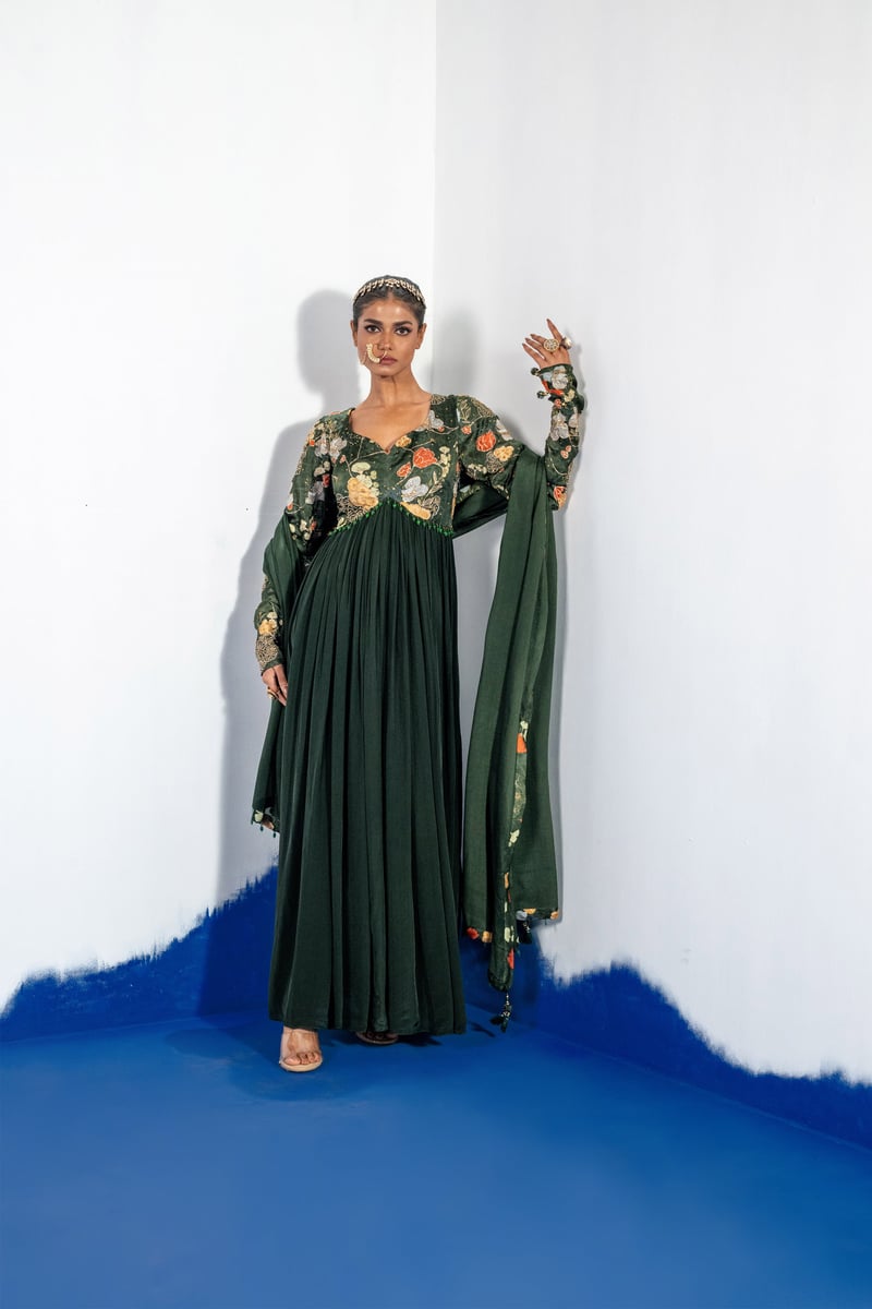 Green Anarkali Kurta Set with Embroidered Yoke and Dupatta — SHRISTICHETANI