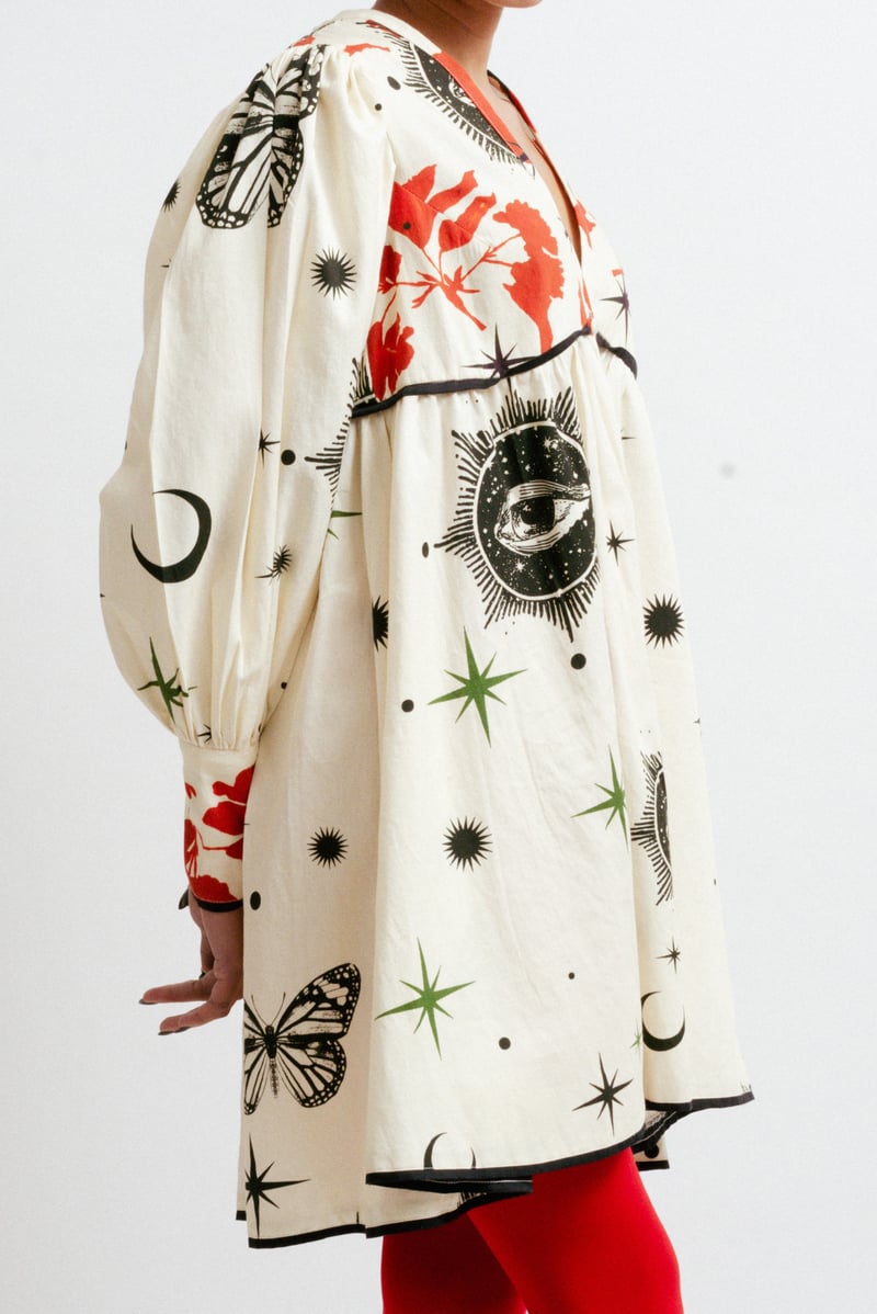 White/Red Celestial Print Smock Mini Dress