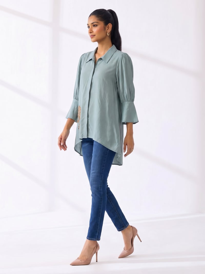 Aqua Cotton Muslin Longline Collared Tunic Top