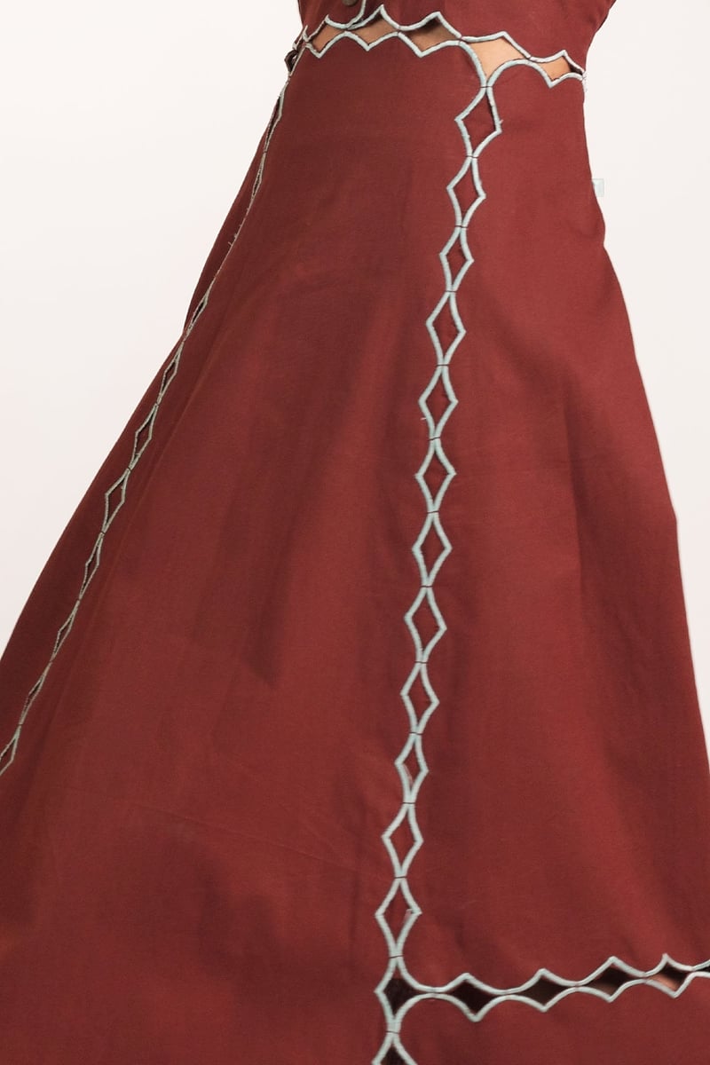 Chocolate Brown Scallop Detail Cotton Midi Dress