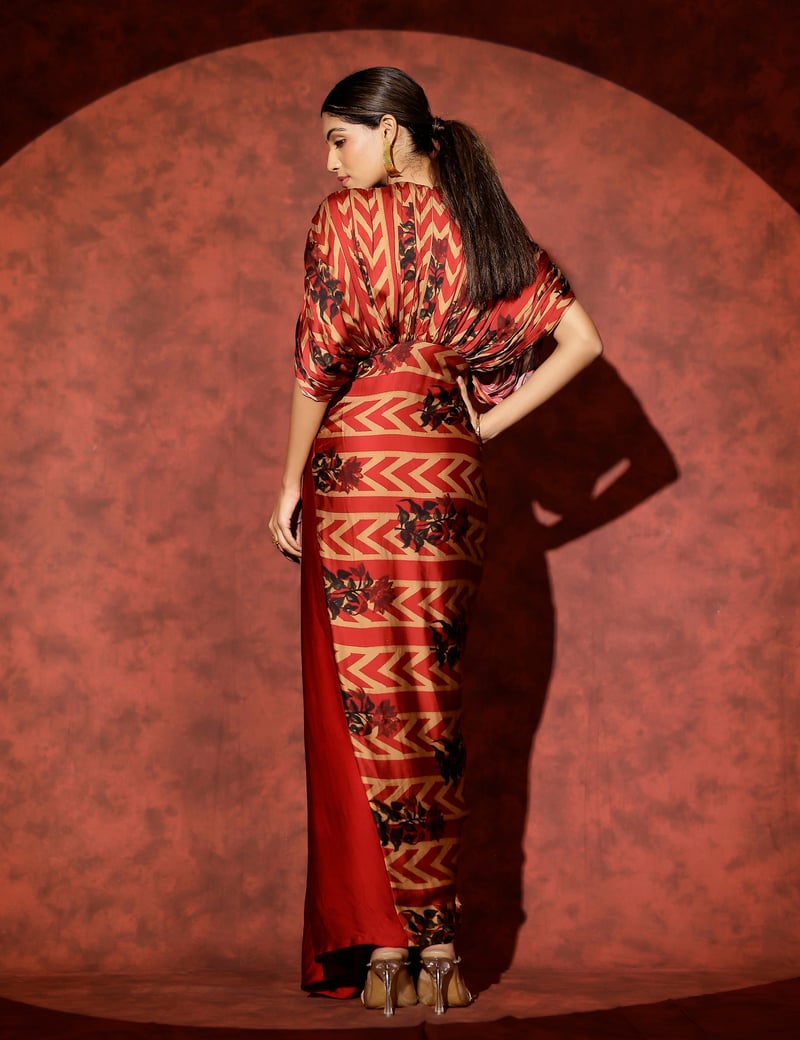 Red Printed Draped Maxi Gown with Contrast Drape