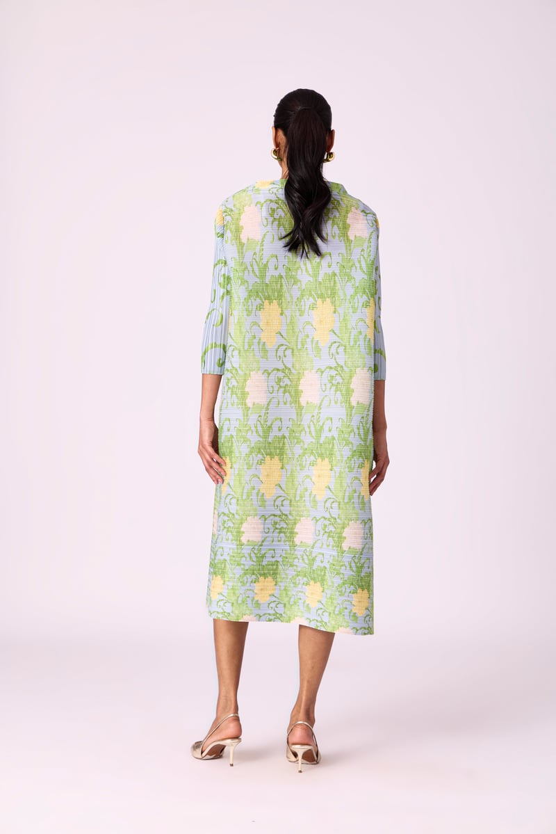 Light Blue Pleated Floral Midi Dress with Belt