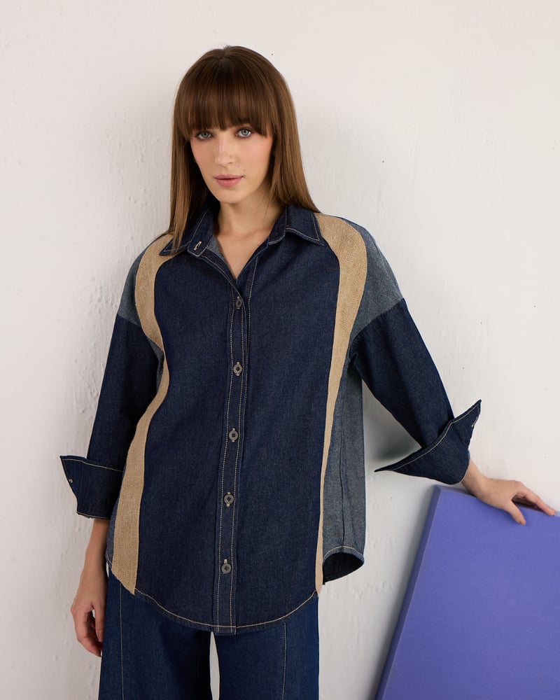 Blue Colorblocked Denim and Jute Relaxed-Fit Shirt