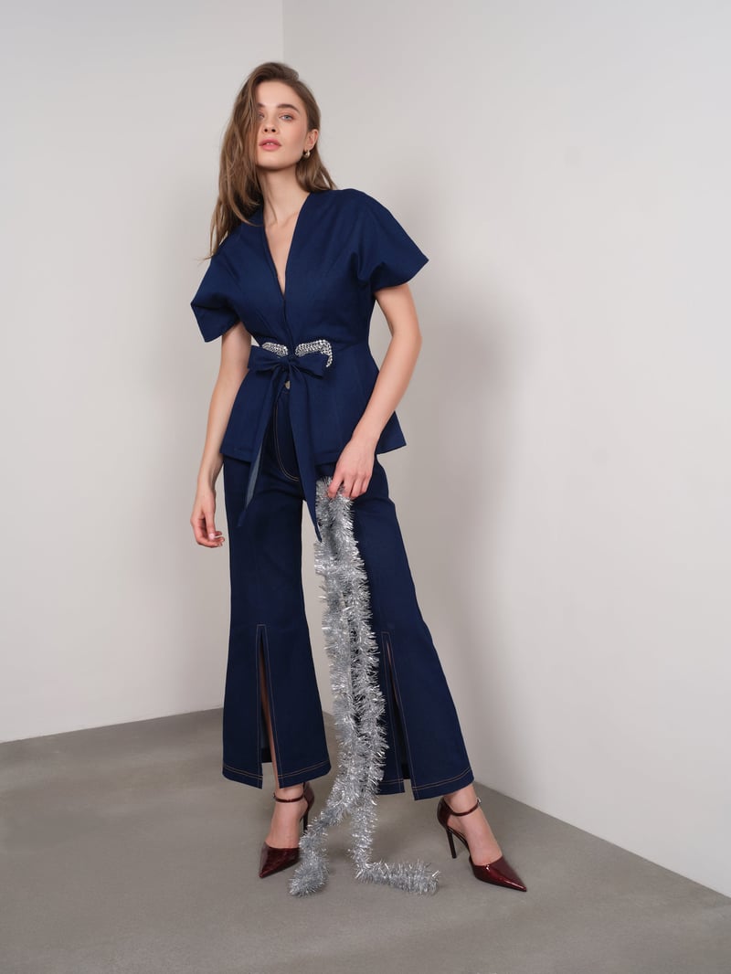 Dark Blue Slit-Hem Bootcut Jeans