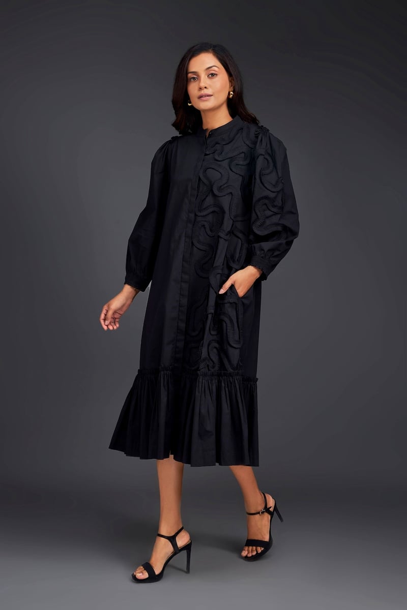 SHIRT DRESS WITH PLEATED FRILL DETAILING ON ONE SIDE