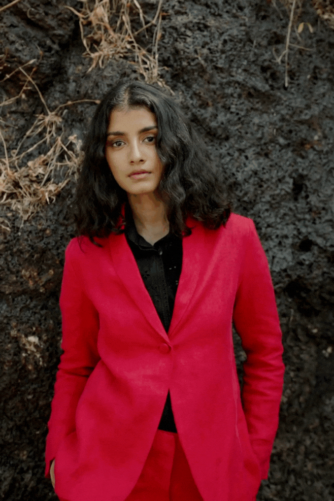 Red Linen Shawl Lapel Single-Button Tailored Blazer