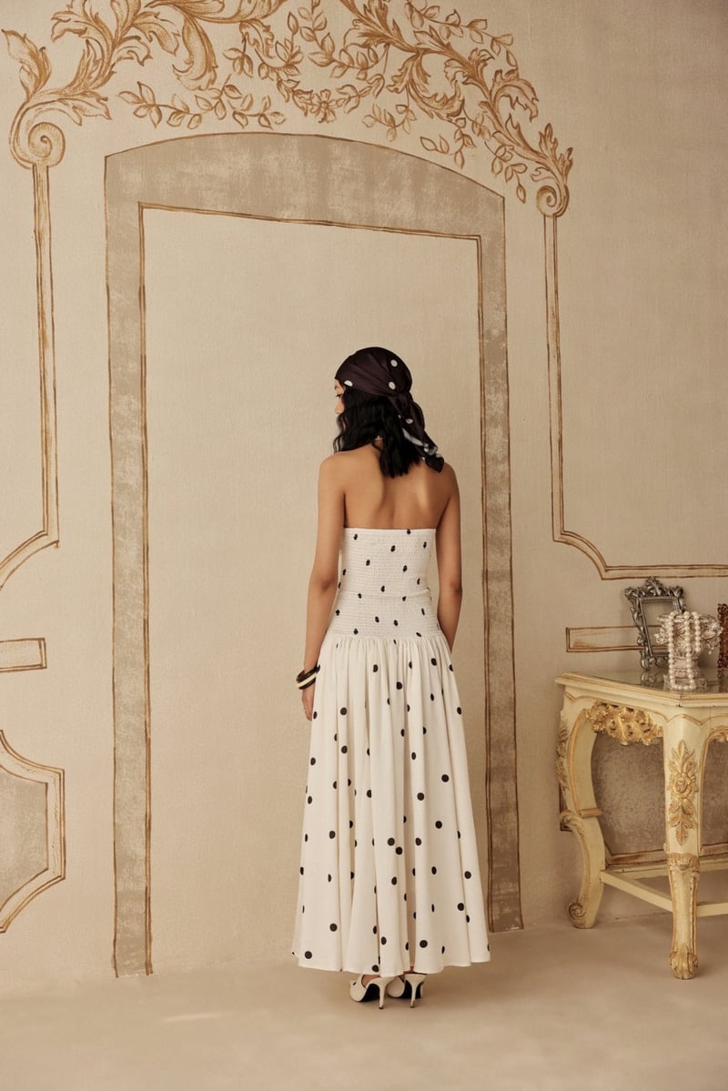 Ivory Polka Dot Strapless Tiered Midi Dress