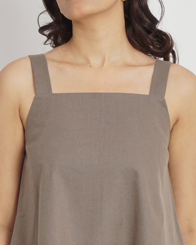 Taupe Cotton Square Neck Strap Top with Back Buttons