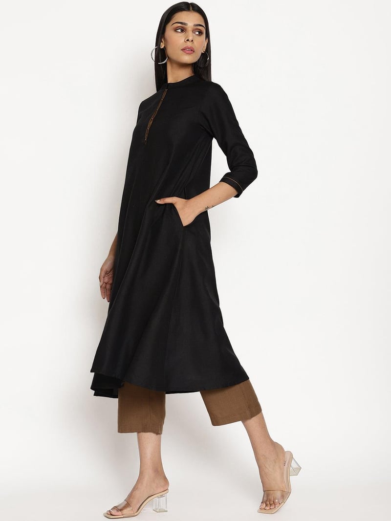 Black Cotton Linen Flared Kurta Pant Set