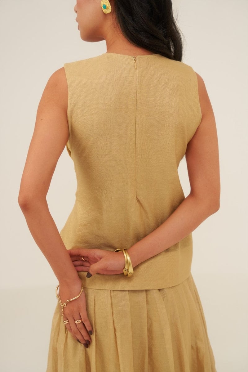 Beige Chanderi Silk Pleated A-Line Maxi Skirt
