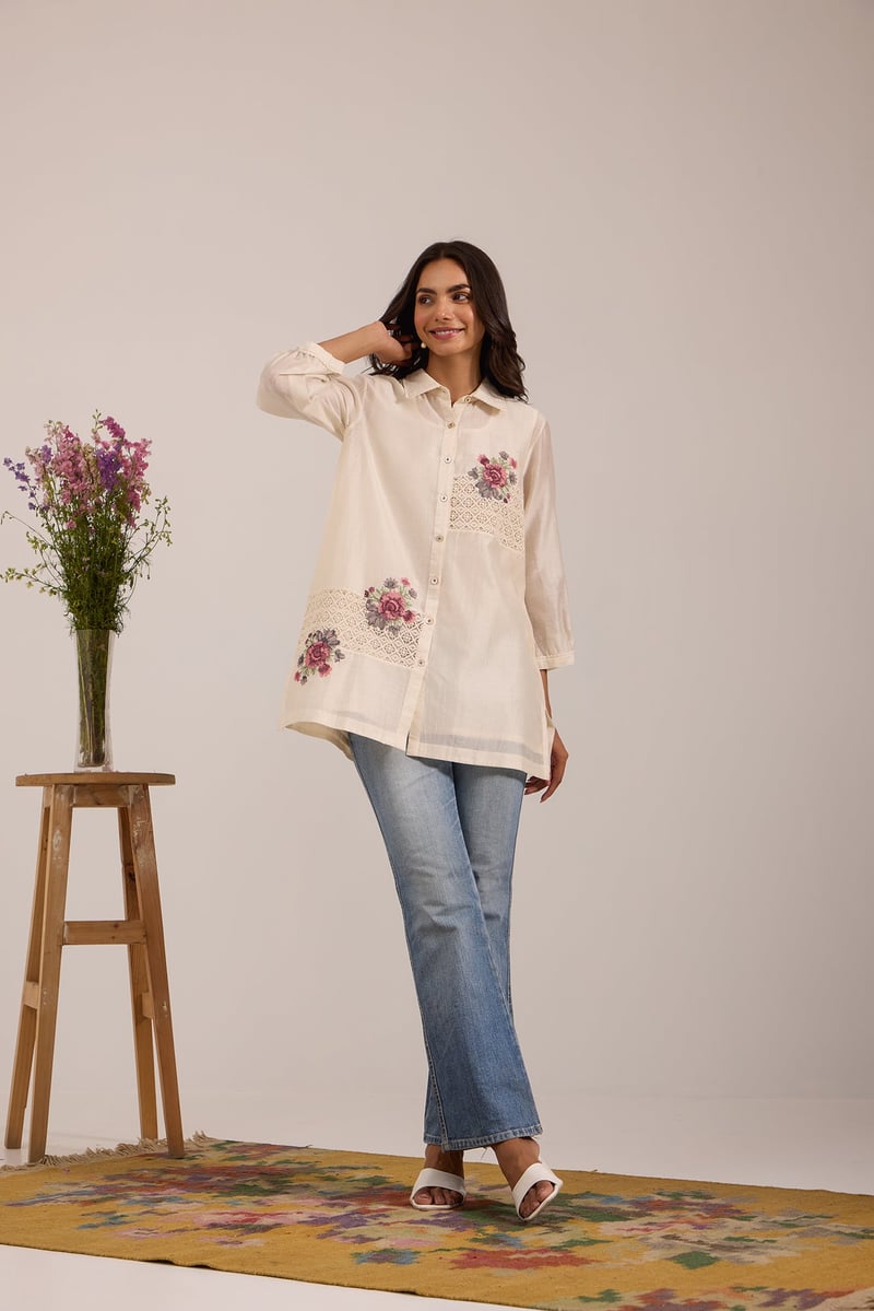 Off-White Sheer Chanderi Lace Panel Button-Down Shirt