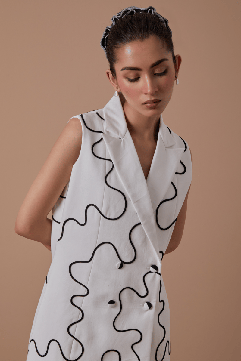White Sleeveless Double-Breasted Blazer with Dori Embroidery
