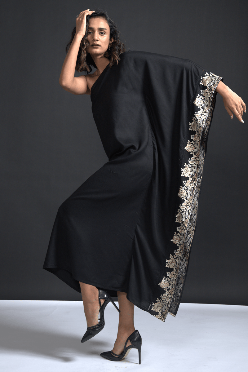 Black One-Shoulder Embroidered Border Kaftan Dress