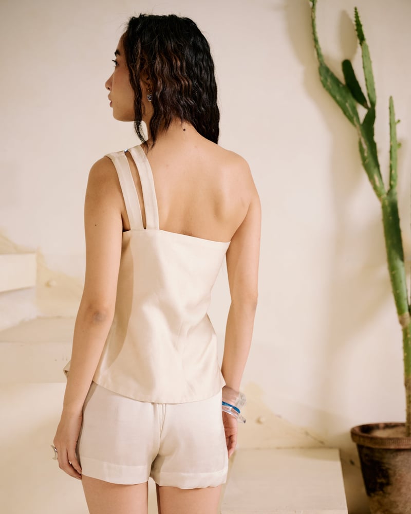 Beige One-Shoulder Modal Satin Placement Print Top