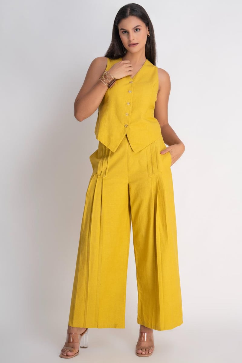 Mustard Waistcoat and Wide-Leg Pants Co-ord Set