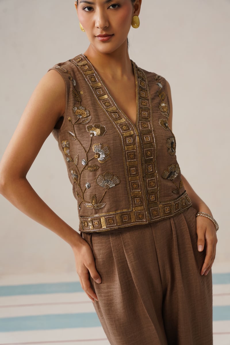 Siena Brown Embroidered Vest and Wide-Leg Co-ord Set