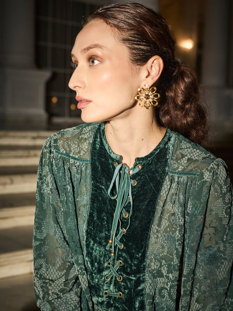 Green Burnt Velvet Lace-Up Yoke Flowy Top